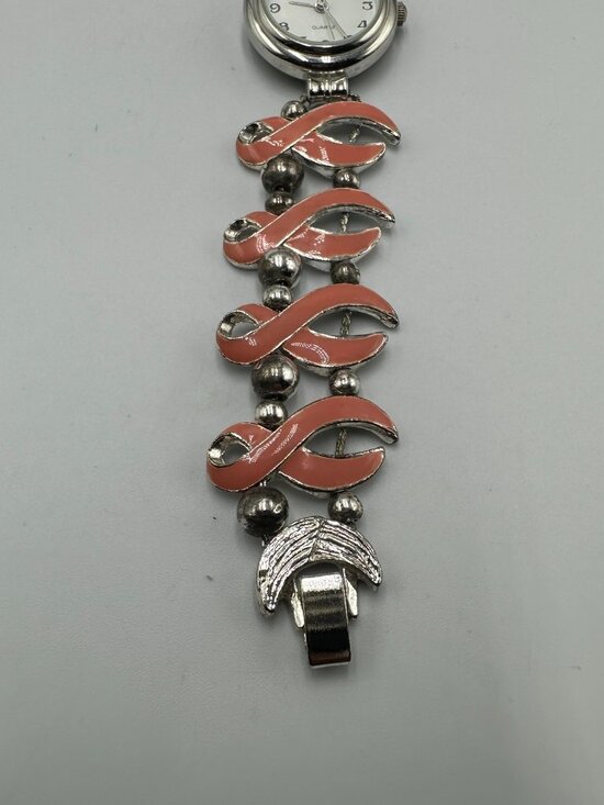 Vintage Jennie B Watch Breast Cancer Awareness Ribbon Band Silver Pink Works